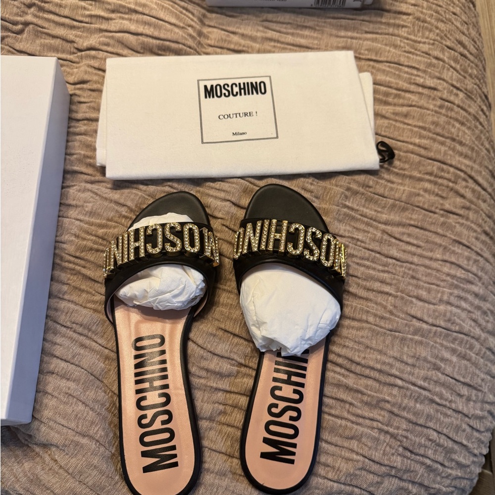 Moschino Black Slides with Gold Logo